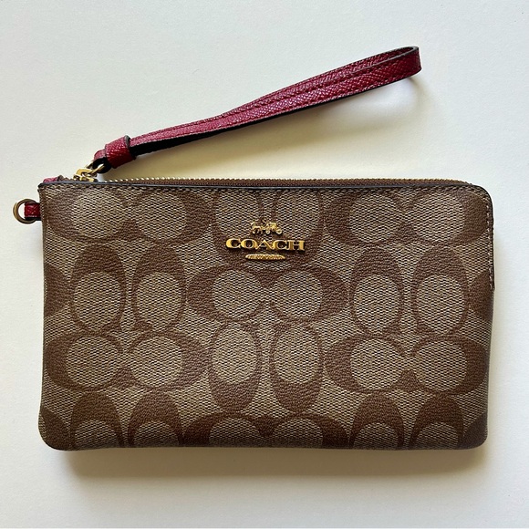 Coach Large Corner Zip Wristlet In Signature Canvas in Tan Brown and Red - Picture 1 of 5